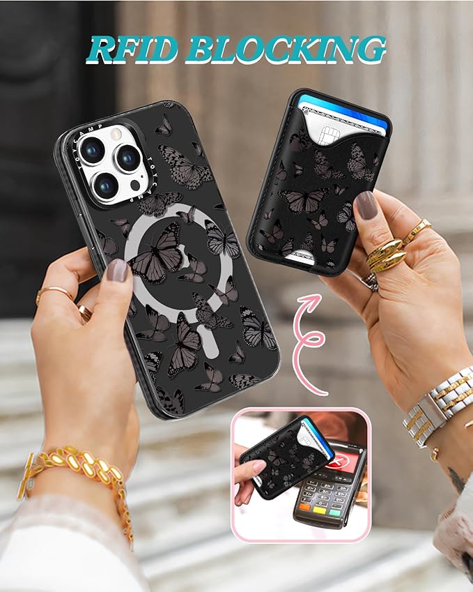 Toycamp for iPhone 13 Pro Case - Compatible with Magsafe Credit Card Holder Wallet Magnetic Cute Women Teen Girls Kawaii Girly Unique Black Butterfly Design Phone Cover for iPhone 13 Pro