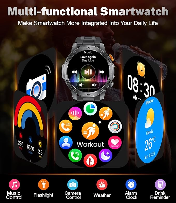 Military Smart Watches for Men-50 Days Battery/Flashlight/3 Straps,1.75'' IPS HD Display Fitness Watch,IP68 Waterproof Fitness Tracker with Heart Rate,Sleep Monitor,100+ Sports Modes,for iOS Android