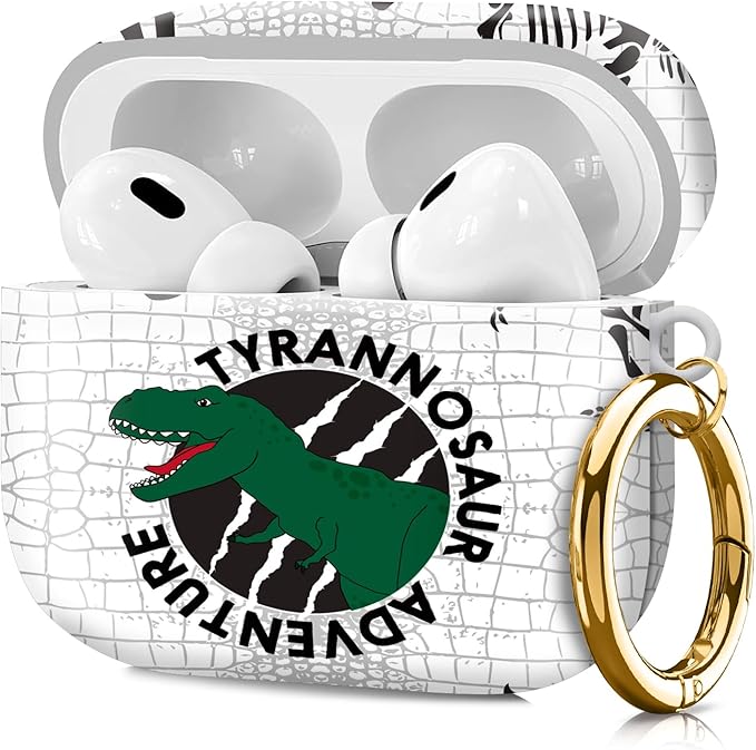 Compatible with Airpod pro 2nd/1st Generation Case Cover with Gold Round Keychain Cute Pattern Hard & Anti Slip Cover for Men Women & Girls（Dinosaur Footprints）