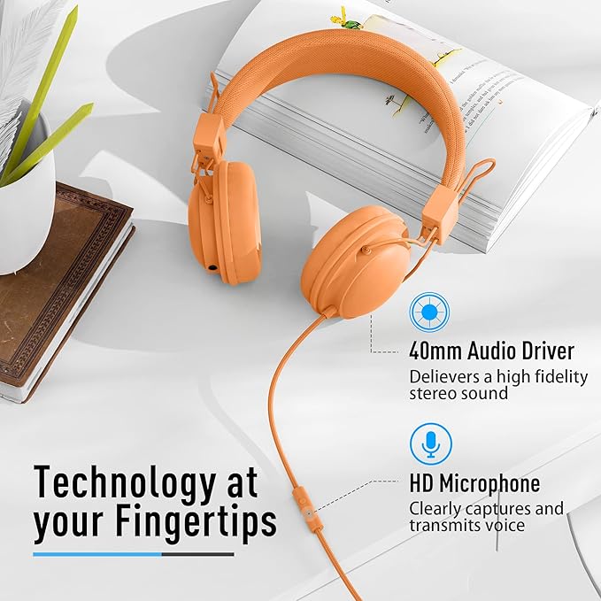 AILIHEN HD850 Classroom Headphones for Kids K-12 Students, School Wired Headphones with Microphone & 85dB Volume Limited & Sharing Function for Chromebook (Orange)