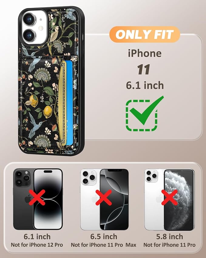 for iPhone 11 Case with Wallet - Fits 4 Card Slots, Compatible with MagSafe for Women Aesthetic Durable PU Leather Credit Card Holder Kickstand Phone Cover for Apple 11, Lemon Bird