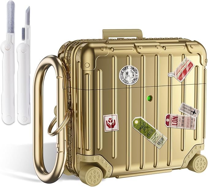 Filoto Compatible with Airpods 4 Case, Cute Fashion Suitcase Design for Airpods 4th Generation Case Cover, Shockproof Protective Hard Case with Keychain/Cleaner Kit (Gold, Airpods 4 Case)