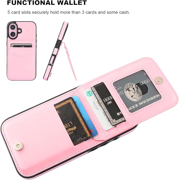 KIHUWEY Compatible with iPhone 16 Case Wallet with Credit Card Holder, Flip Premium Leather Magnetic Clasp Kickstand Heavy Duty Protective Cover for iPhone 16 6.1 Inch (Pink)