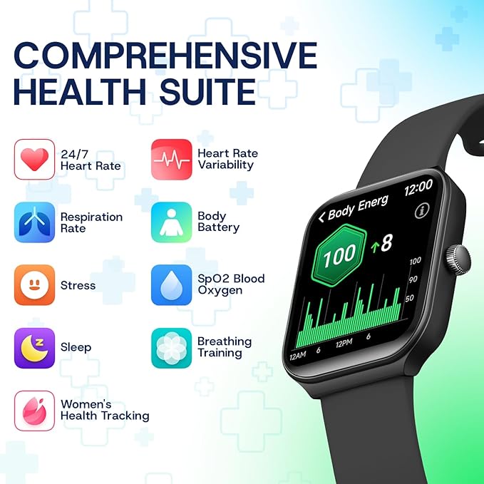 OCTANDRA Inspire VeryFit 1.95" Bluetooth Answer Call Alexa Smart Watch Body Energy Heart Rate HRV Oxygen Saturation Sleep Monitor Step Tracker IP68 Fitness Watches for Men Women (IDW16) (Black)