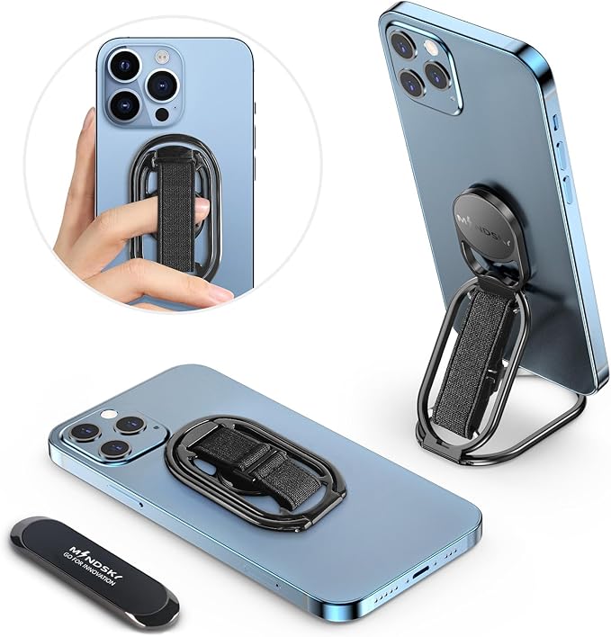 [2025 New] Mindsky Phone Grip for Kickstand Compatible with Finger Loop, 3-in-1 Phone Ring Holder Strap for All Mobile Phones-Black (Ligament Type) (3 in 1 Phone Ring Holder) (3M Adhesive Phone Ring)