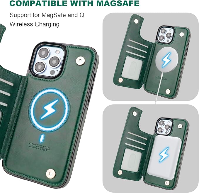ONETOP Compatible with Magsafe for iPhone 13 Pro Max Wallet Case with Card Holder, PU Leather Kickstand RFID Blocking Case, Double Magnetic Clasp and Durable Shockproof Cover 6.7 Inch (Green)