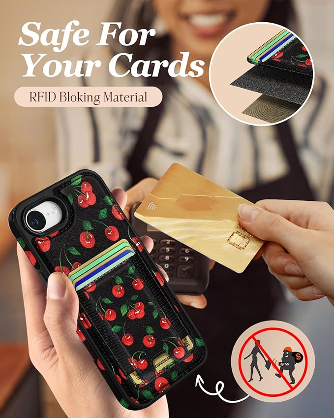 Shorogyt for iPhone 17e/16e Wallet Case - Fits 7 Cards, Compatible with Magsafe Detachable Magnetic Credit Card Holder Leather Cardholder Cute Phone Cover Women Girls for Apple 17e/16e, Cherry