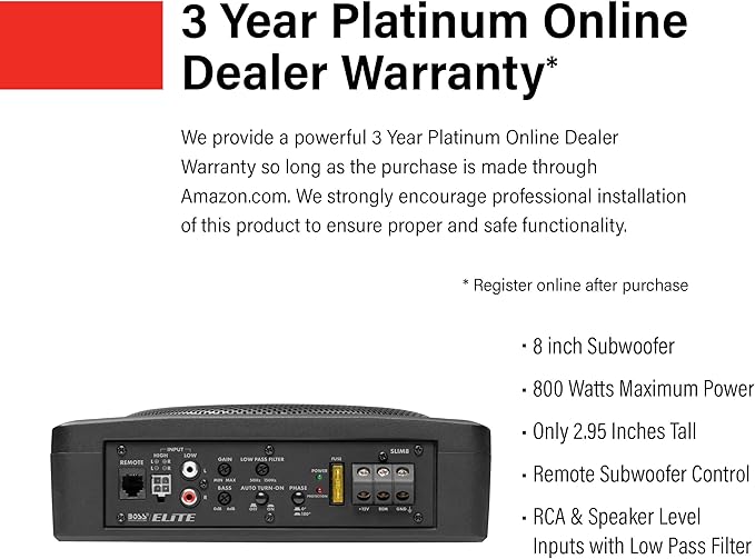 BOSS Audio Systems SLIM8 Elite Series 8 Inch Powered Car Subwoofer - Low Profile, Remote Subwoofer Control, Built in Amplifier, Under Seat, for Truck, Hook Up to Amplifier