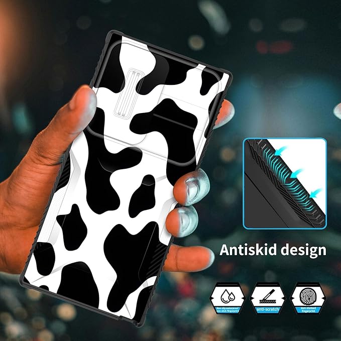 for Galaxy S25 Ultra Case Built in Slide Camera Lens Cover,Heavy Duty Shockproof Protection Dual Layer Case for Samsung Galaxy S25 Ultra 6.9" 2025,Cow Print
