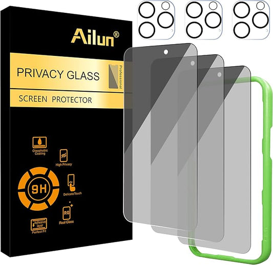 Ailun 3Pack Privacy Screen Protector for iPhone 16 Pro [6.3 inch]+3Pack Camera Lens Protector,Dynamic Island Compatible,Anti Spy Tempered Glass[9H Hardness][Not for iPhone 16/16 Plus/16 Pro Max/16e]