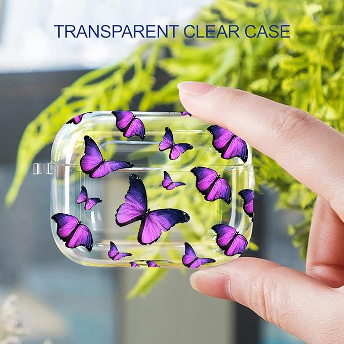 Maxjoy for AirPods Pro 2nd Generation Case, Clear AirPods Pro 2 Case for Women Men Cute Protective AirPod Pro 2 Cover with Keychain Strap for AirPod Pro 2nd Gen Cover 2023/2022, Purple Butterfly