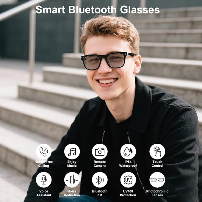 Smart Glasses for Men Women, Open Ear Audio Design, Color-Change Lenses, Supporting Hands-Free Calls & Music Playback, Wearable Tech Bluetooth Glasses for Indoor & Outdoor Use(Black)