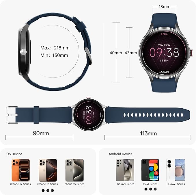 Smart Watch for Men,1.57inch AMOLED Touchscreen Fitness Watch for iPhone & Android,Heart Rate/Sp02/Sleep Monitor,110+ Sport Modes IP68 Waterproof Bluetooth Calls,2 Bands (Blue, 1.57)