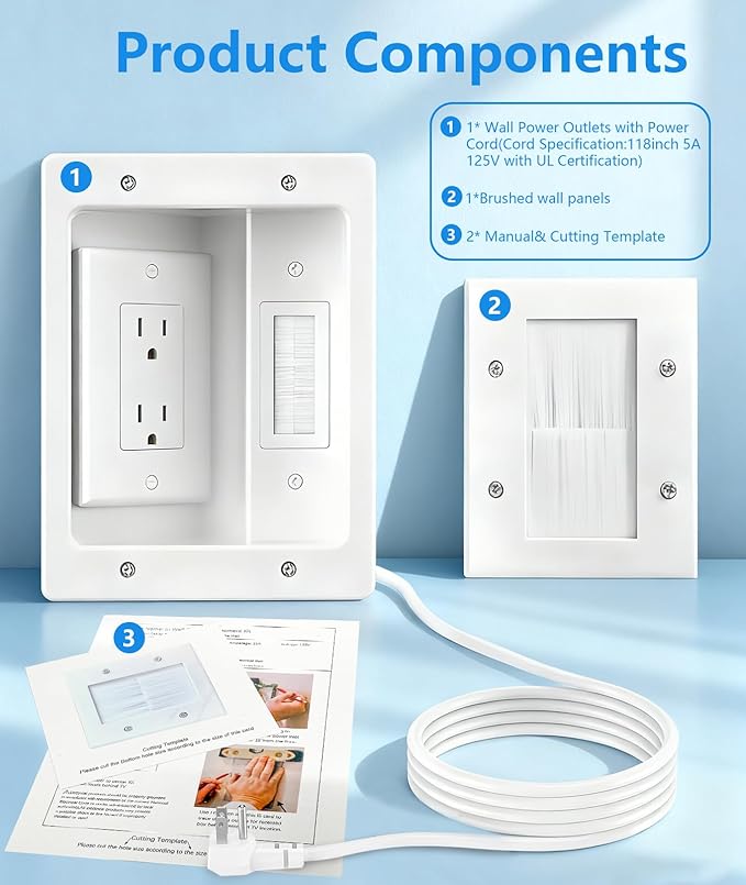 TV Cord Hider for Wall Mounted TV – Dual Outlet in-Wall Cable Management Kit for Power & Low Voltage Cables – Includes 9.84”L x 7.87”H x 3.94”D Module, Wall Template, Saw (2 Data Cable Jacks)