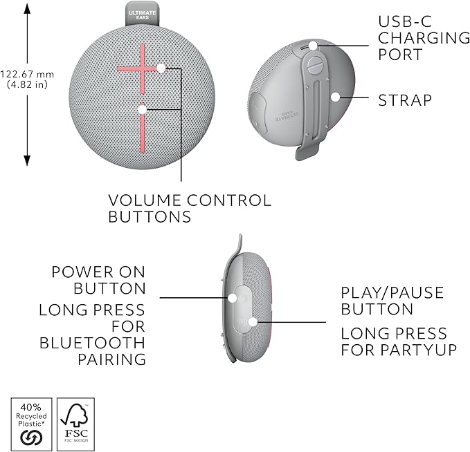 Ultimate Ears MINIROLL Ultra-Portable Waterproof Bluetooth Speaker, Big Bass, IP67 Dustproof, 131 ft (40 m) Range - Revive Grey