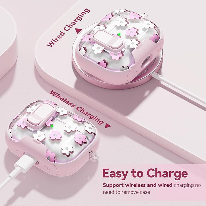 with Safety Lock for AirPods Pro 3 Case 2025,Clear Floral Cute Airpods Pro 3rd Generation Case with Phone Stand & Cleaner Kit for Apple AirPods Pro 3 for Women Girly-Pink Flower