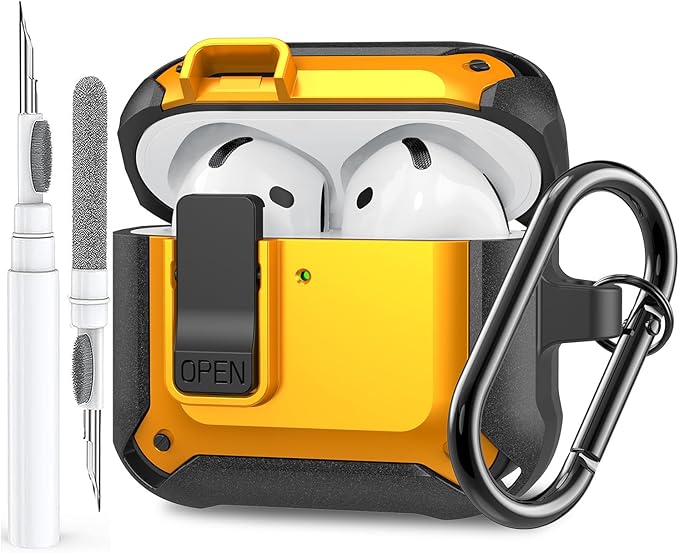 for Airpods 4 Case with Lock Clip, Rugged Apple Airpods 4th Generation Cover 2024 Men Women, Armor Shockproof iPod 4 Gen Protective Hard Shell with Carabiner&Cleaner kit,Black/Yellow