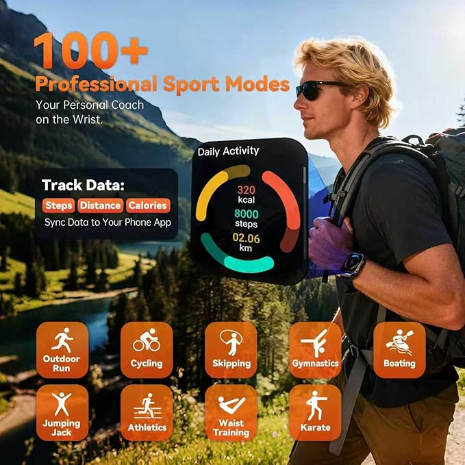 Military Smart Watches for Men, 1.7" Hd Fitness Tracker Ith Multiple Sports Modes, 600mah Battery for Android iOS, Ip68 Waterproof/Spo2 Monitor/Flashlight/Message Alerts (Square Black)