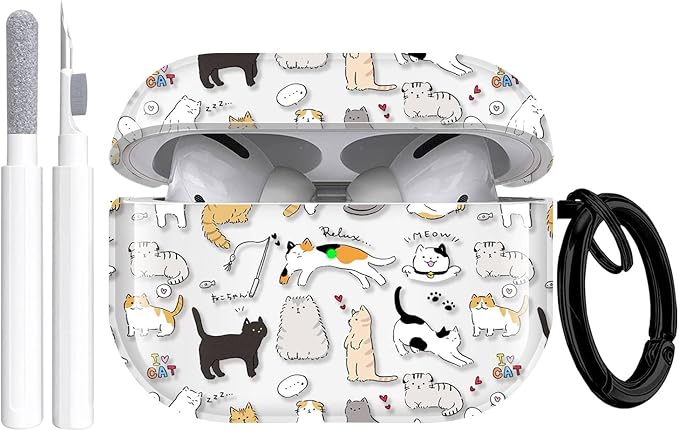 for Airpods Pro Case, Cute Cool Kitty Cat Pattern TPU Soft Cases for Airpods Pro Case 1st Gen, Shockproof for Airpods Pro 2019 Case Men Women with Cleaner Kit & Keychain