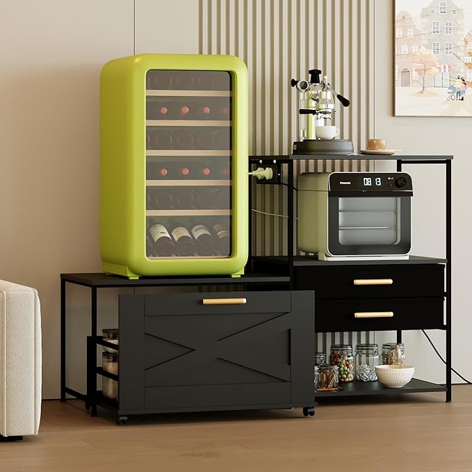 Mini Fridge Stand with Storage, Farmhouse Fridge Cabinet with Power Outlet & Movable Drawers, Microwave Oven Stand with Wheels, Kitchen Bakers Rack for Home Bar Office, Black