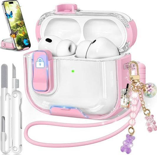for AirPods Pro 3 Case 2025, with Keychain & Cleaner Kit, Soft TPU Cover for AirPods 3rd Generation Case with Safety Lock & Phone Stand, iPod Pro 3 Case Clear Cute Funny for Women Girls - Pink
