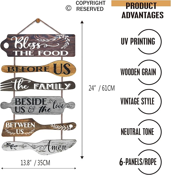 Bless the Food Before Us Farmhouse Kitchen Wall Decor - Dining Room Decorations Collage Wall Art in Neutral Grey Color - Wooden Rustic 6pcs Roped Sign 25x14 Inches Vertical