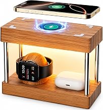 Nightstand Charging Station, 4 in 1 Bamboo Wireless Charging Station for Multiple Devices, Bedside Lamp Charger for iPhone/AirPods/iWatch, Birthday Gifts - Image 1