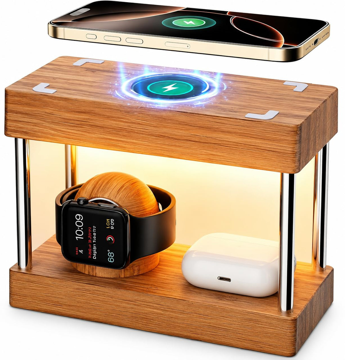 Nightstand Charging Station, 4 in 1 Bamboo Wireless Charging Station for Multiple Devices, Bedside Lamp Charger for iPhone/AirPods/iWatch, Birthday Gifts