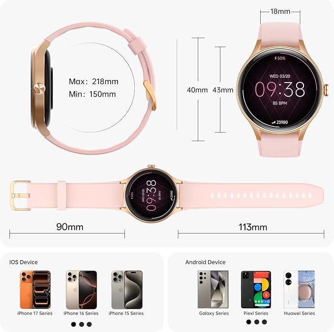 Smart Watch for Women,1.57inch AMOLED Touchscreen Fitness Watch for iPhone & Android,Heart Rate/Sp02/Sleep Monitor,110+ Sport Modes IP68 Waterproof Bluetooth Calls,2 Bands (Pink, 1.57)