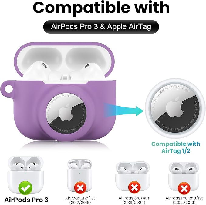 2 in 1 Silicone Case Compatible with AirPods Pro 3 and AirTag 2/1, Shockproof Protective Case Cover for AirPods Pro 3rd Generation 2025 with Cleaner Kit & Carabiner (Purple)