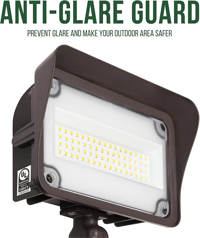 GKOLED 2 Pack 50W LED Flood Lights Outdoor, Dusk to Dawn Security Light, with Anti-Glare Guard, 120V 5000K 5,500LM Waterproof Landscape Lighting, Aluminum, 1/2" Knuckle Mount, UL Listed