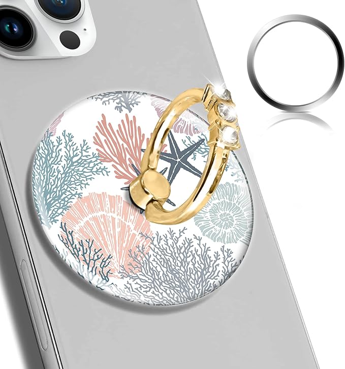 Magnetic Phone Ring Holder Compatible with MagSafe, Cute Phone Grip Stand with 360° Rotation Gold Glitter Finger Ring Kickstand Accessories for Most Phones Cute Seastar