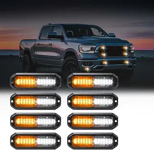WINECO Amber/White LED Strobe Lights Kit - 8pcs 12-LED Flashing Emergency Warning Lights for Trucks, Cars and Vehicles