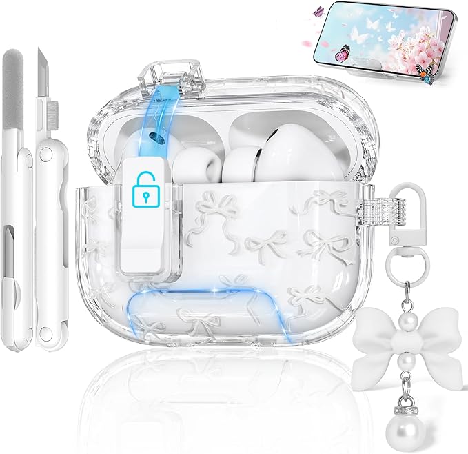 for AirPods Pro 3 Case with Secure Lock & Phone Stand, Bow-Print Clear Case for Apple AirPods Pro 3rd Generation 2025 Cover with Cleaner Keychain for Women Girly (White, Airpods Pro 3 (2025))