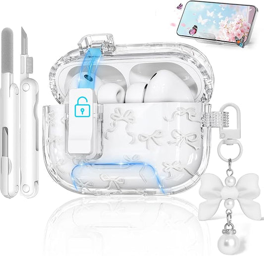 for AirPods Pro 3 Case with Secure Lock & Phone Stand, Bow-Print Clear Case for Apple AirPods Pro 3rd Generation 2025 Cover with Cleaner Keychain for Women Girly (White, Airpods Pro 3 (2025))