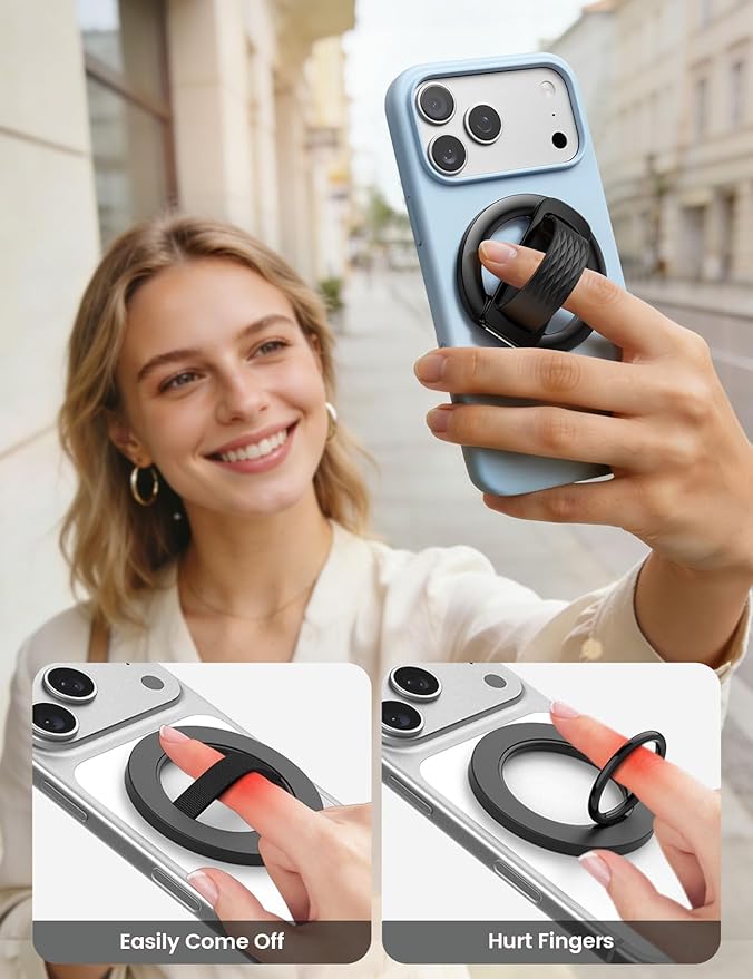 Lamicall Magnetic Phone Grip Holder for MagSafe - [Soft Silicone Loop] Vertical Cell Phone Zinc Alloy Ring Stand Kickstand, Magnet Finger Grip for iPhone 17/16/15/14/13/12 Series, Other Use Metal Ring