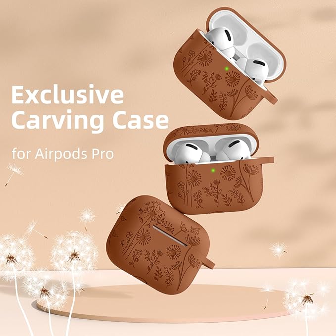 Lerobo Compatible with Apple Airpods Pro Case 2 Cute, Flower Engraved Full Protective for 2nd 1st Generation USB C, Funny Soft Silicone Skin Cover, Front LED Visible C-Brown