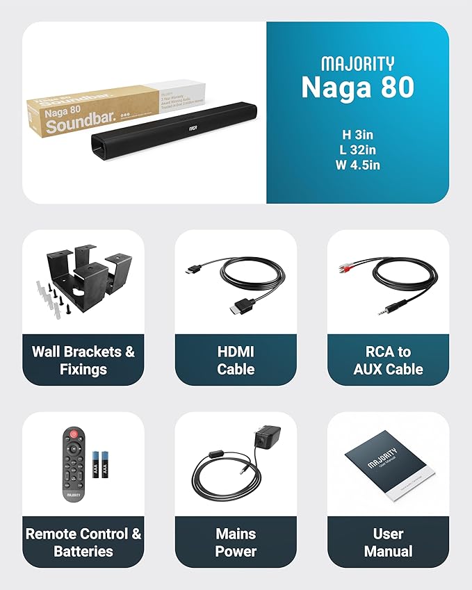 Majority 140W Bluetooth Sound Bar for Smart TV | 31" 2.1 Wireless Soundbar for TV with 3D Sound | TV Speakers Sound Bar with Built in Subwoofer | HDMI, AUX, Optical Compatible Mini Soundbar Naga 80