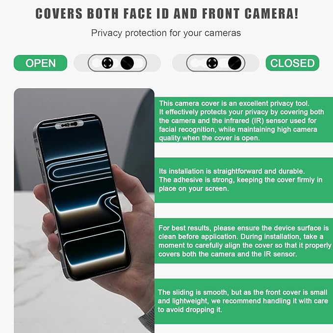 Front Camera Cover Compatible for iPhone 17/17 Air/17Pro/17Pro Max/16/16Plus/16Pro/16Pro Max/15/15Plus/15Pro/15Pro Max/14Pro/14 Pro Max,On/Off Face Recogition,Protect Privacy and Security-Black&Black