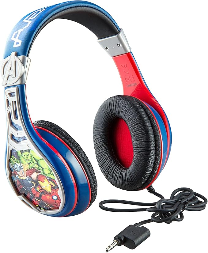 eKids Avengers Headphones for Kids, Wired Headphones for School, Home or Travel, Tangle Free Stereo Earphones with Volume Control, 3.5mm Jack, For Fans of Avengers Merchandise