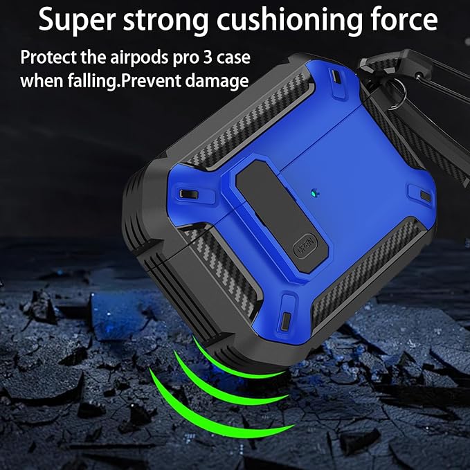 for AirPods Pro 3 Case, Secure Lock Cases Cover with Carabiner Compatible with Airpods Pro 3rd Generation Case, Full Body Shockproof Protective AirPod Case for Men Women(Black Blue)