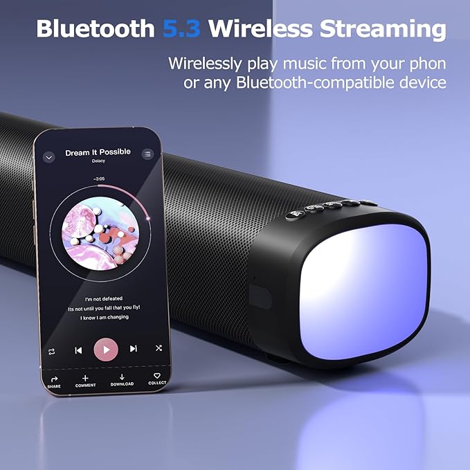 Sound Bar for Smart TV, 100W Sound Bar with 3 Dynamic RGB Lights,Bluetooth 5.3, ARC/Opt/AUX Connect, Dynamic Volume 3 Equalizer Modes,2 in 1 Detachable Soundbar for TV/PC/Gaming/Projectors