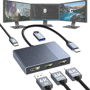 USB C to Dual HDMI and DisplayPort Adapter with PD 100W/USB3.0, 5 IN 1 USB C Docking Station 3 Monitors, 4K@60Hz HDMI Splitter Extended Display for Dell/HP Laptop, DP MST/SST Hub for Multiple Monitors