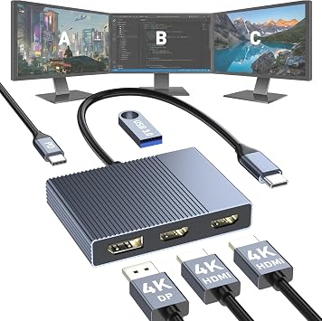 USB C to Dual HDMI and DisplayPort Adapter with PD 100W/USB3.0, 5 IN 1 USB C Docking Station 3 Monitors, 4K@60Hz HDMI Splitter Extended Display for Dell/HP Laptop, DP MST/SST Hub for Multiple Monitors