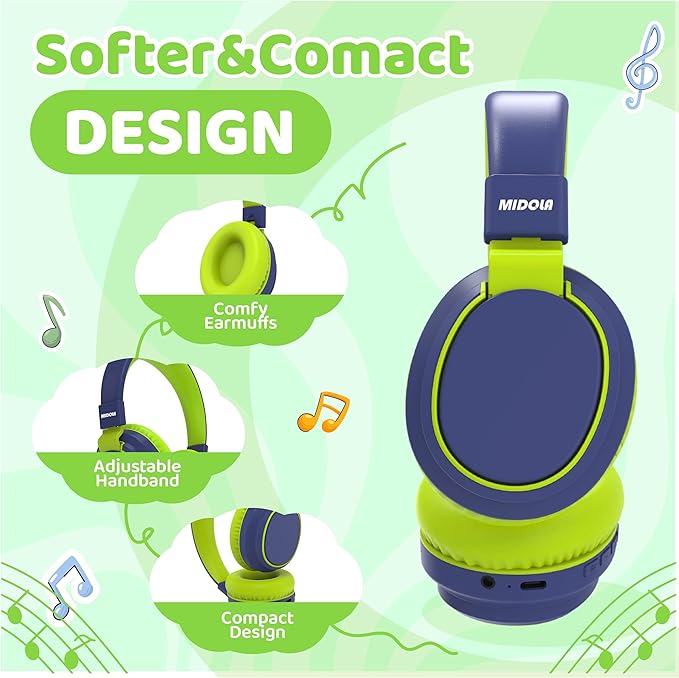 MIDOLA Kids Headphones Bluetooth 5.3 Wireless 60H Play Time Volume Limited 85/110dB Over Ear Foldable Protection Headset/Wired Aux Built-in Mic for Boy Girl Travel School Pad Tablet Deepblue