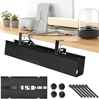 No Drill Under Desk Cable Management Tray, 28" Fabric Cord Hider for Wire Organizer, Clamp/Screw Mount Desk Cable Management, Cable Raceways Tray Cord Hiders for Office/Home