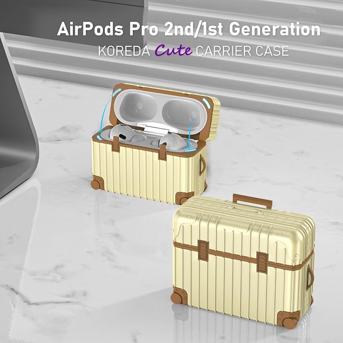 KOREDA Compatible with AirPods Pro 2nd/1st Generation Case Cover, Cute Funny Suitcase Design Case for Airpods Pro 2nd/1st Gen, Fashion Protective Hard Case for Women Men with Keychain (Beige)