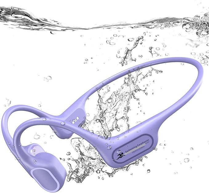 IP68 Waterproof Swimming Headphones, Bone Conduction Liquid Silicone Bluetooth Headphones, Built-in 32GB MP3 Player, Soft and Lightweight Open-Ear Design for Swimming/Marathons/Showers/Cycling(Purple)