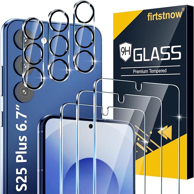 3 Pack for Samsung Galaxy S25 Plus Screen Protector Tempered Glass + 3 Pack Camera Lens Protector, Military Grade Shatterproof, 9H Hardness, Fingerprint Unlock, Case Friendly 6.7 Inch