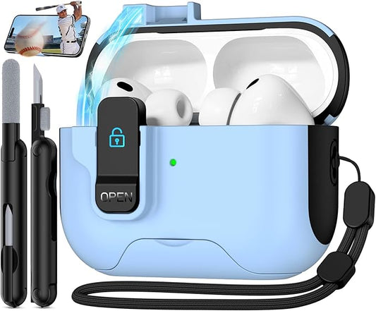 Compatible with AirPods Pro 3 2025 Case with Phone Stand & Cleaning Kit,Magnetic Automatic Lock Design Cover for Air pods Pro 3rd-(Light Blue)